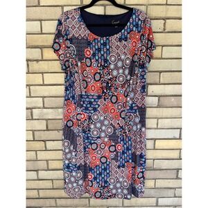 Connected Apparel Floral Medallion Jersey Stretch Knit Dress Navy Red‎ Size 16W